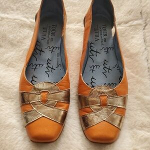 Orange Leather Flats with Gold Accent Strap